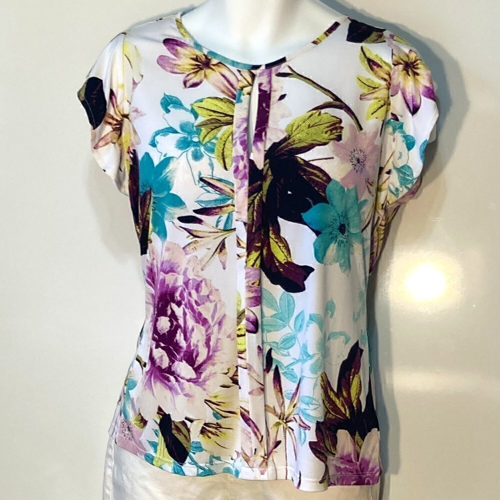 Worthington SZ L Tropical Print Sleeveless Top Career Soft Art to Wear Staple